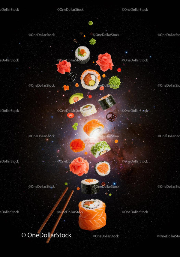 Różnorodne kawałki sushi unoszące się w kosmicznej przestrzeni