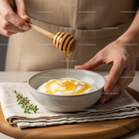 Honey Drizzle Over Yogurt in Rustic Kitchen Scene