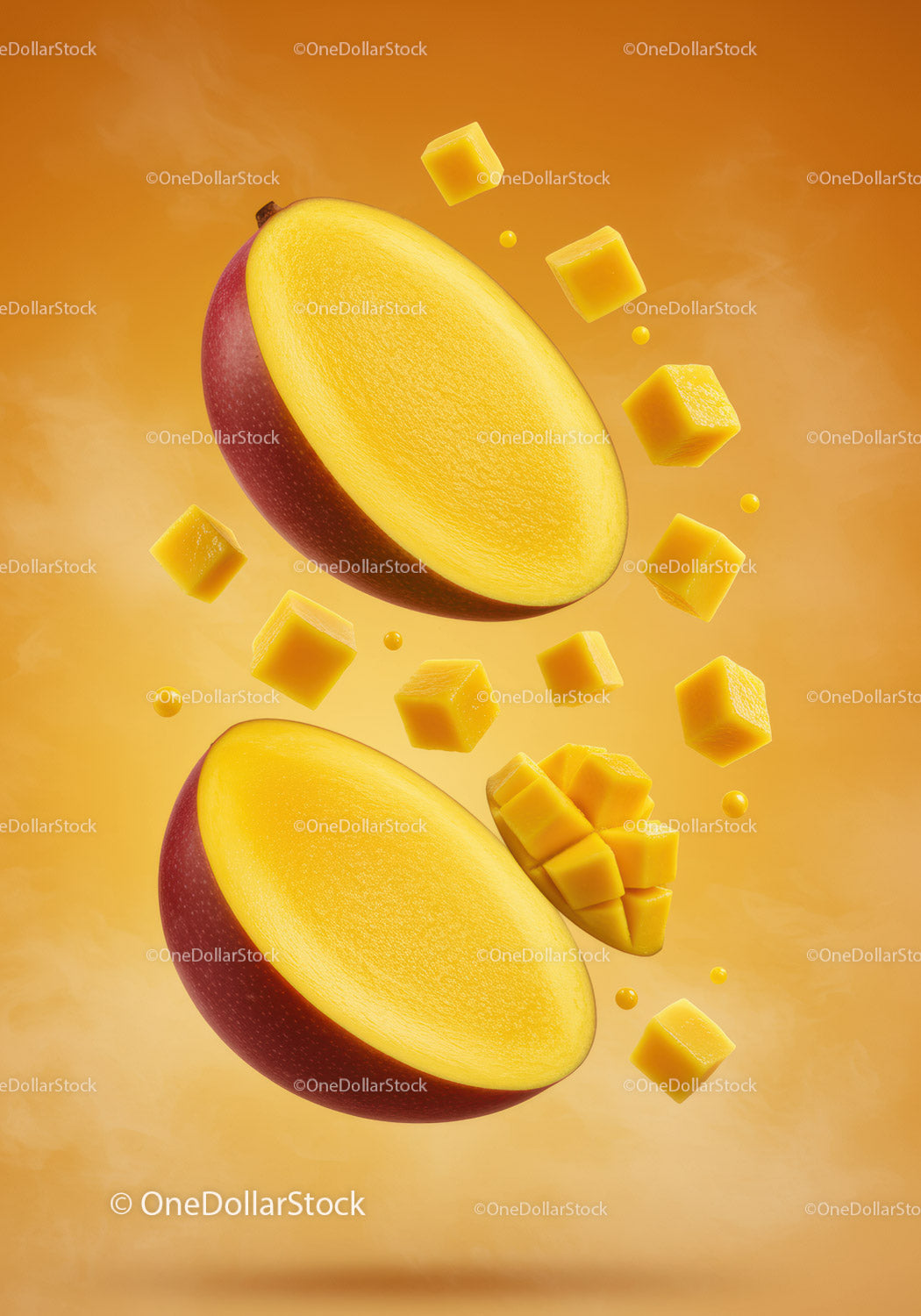 Świeże połówki mango z pływającymi pokrojonymi kostkami