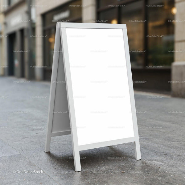 Blank White A-Frame Sign on Urban Sidewalk JPG Mockup Image