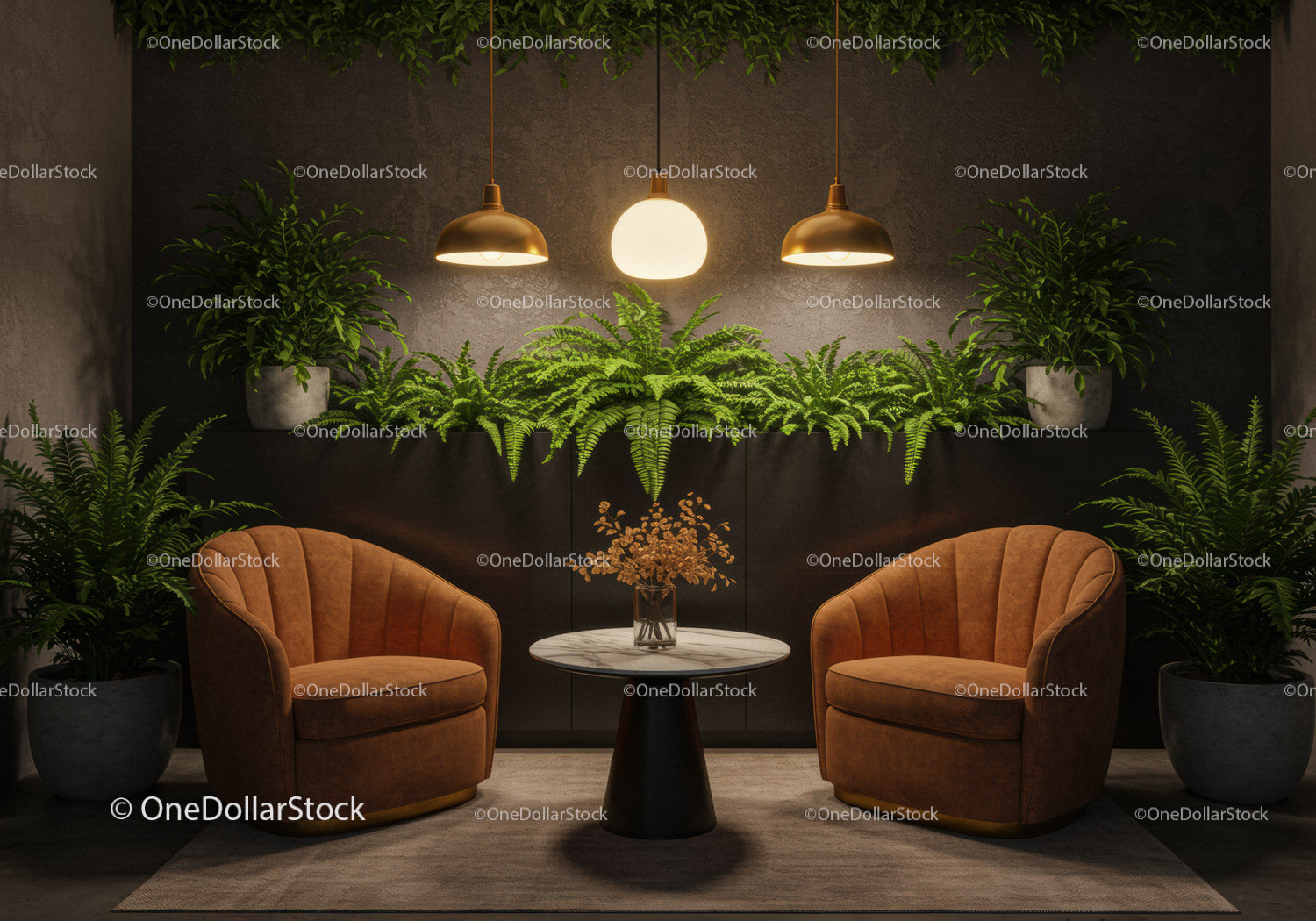 Cozy lounge corner with plants and warm lighting