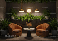 Cozy lounge corner with plants and warm lighting