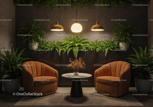 Cozy lounge corner with plants and warm lighting