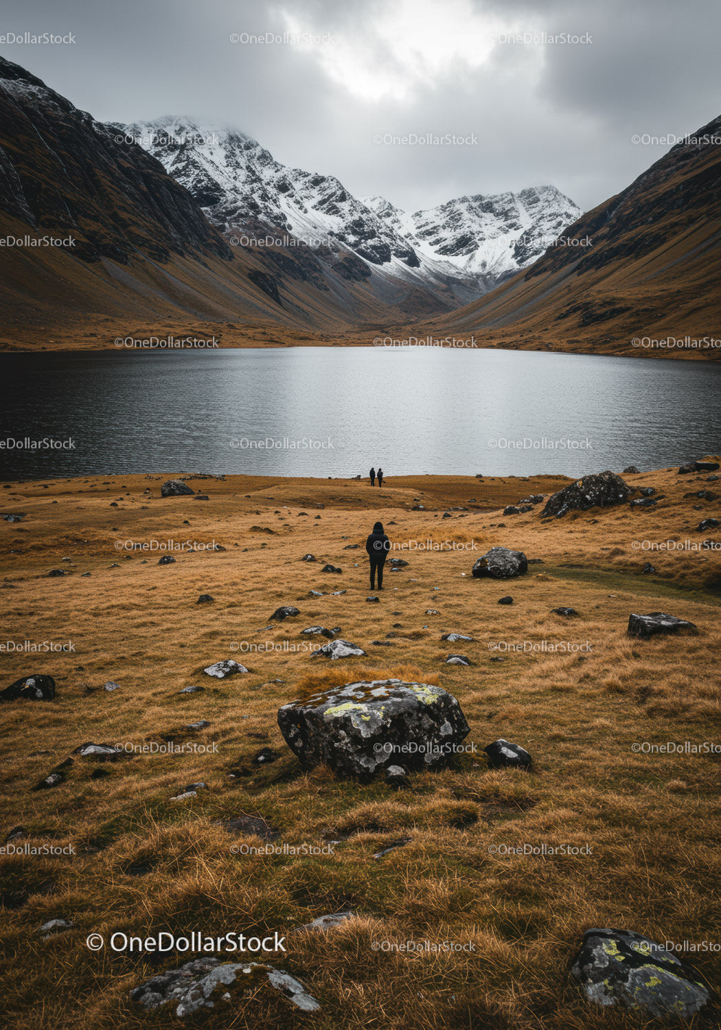 Scenic Mountain Lake with Snow-Capped Peaks and Rocky Terrain