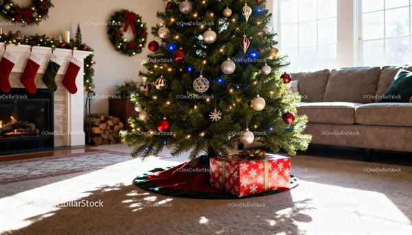 Cozy living room with decorated Christmas tree and fireplace