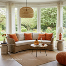 Cozy modern living room with natural light and garden view