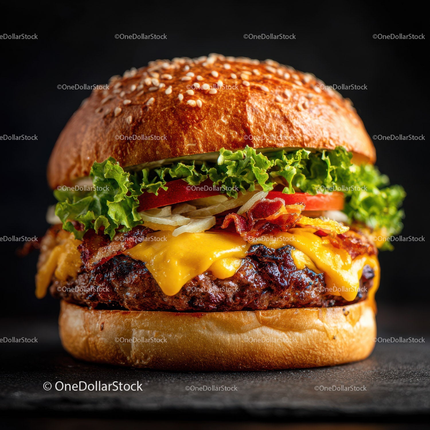 Gourmet Cheeseburger with Fresh Vegetables and Melted Cheese