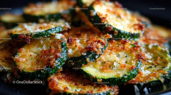 Crispy Baked Zucchini Slices with Cheese Over Dark Background