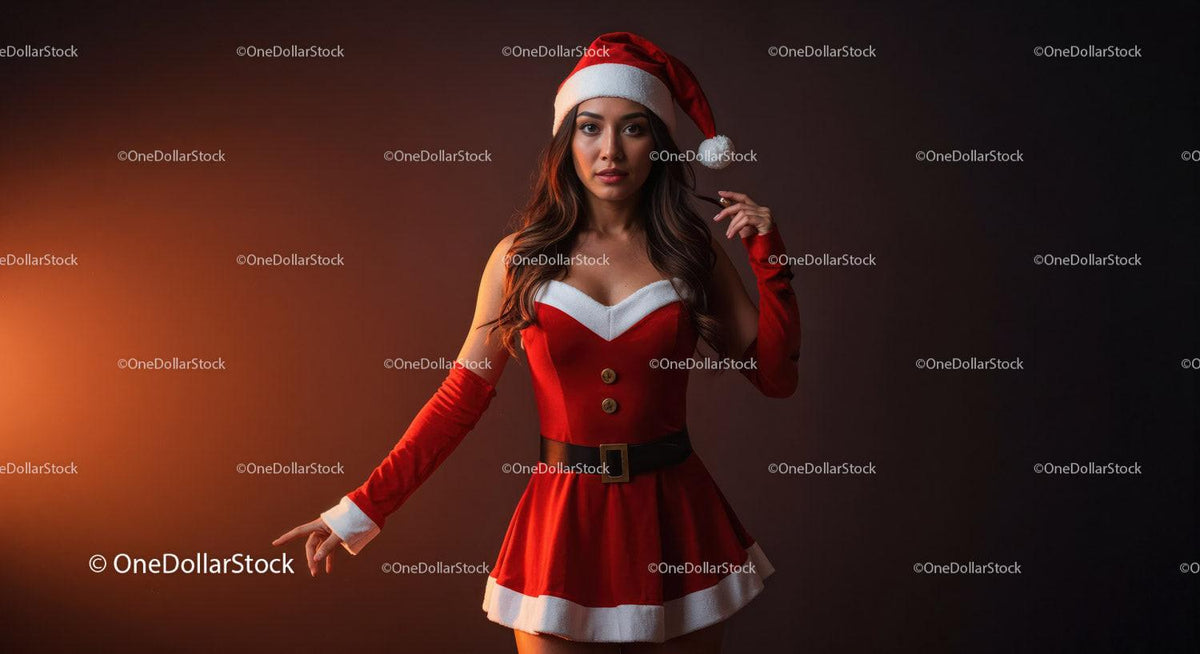 Woman in Festive Santa Claus Dress with Red Gloves