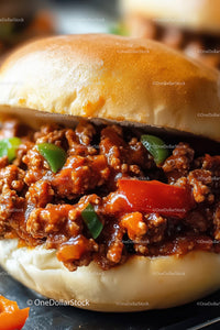 Juicy Beef Sloppy Joe Sandwich with Vegetables in Bun