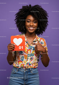 Smiling Woman with Afro Hair Holding Love Sign Against Purple Background