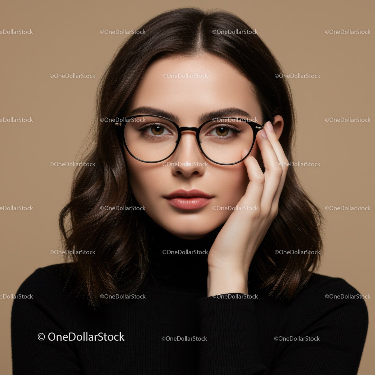 Portrait of a Stylish Woman Wearing Black Glasses and Black Turtleneck