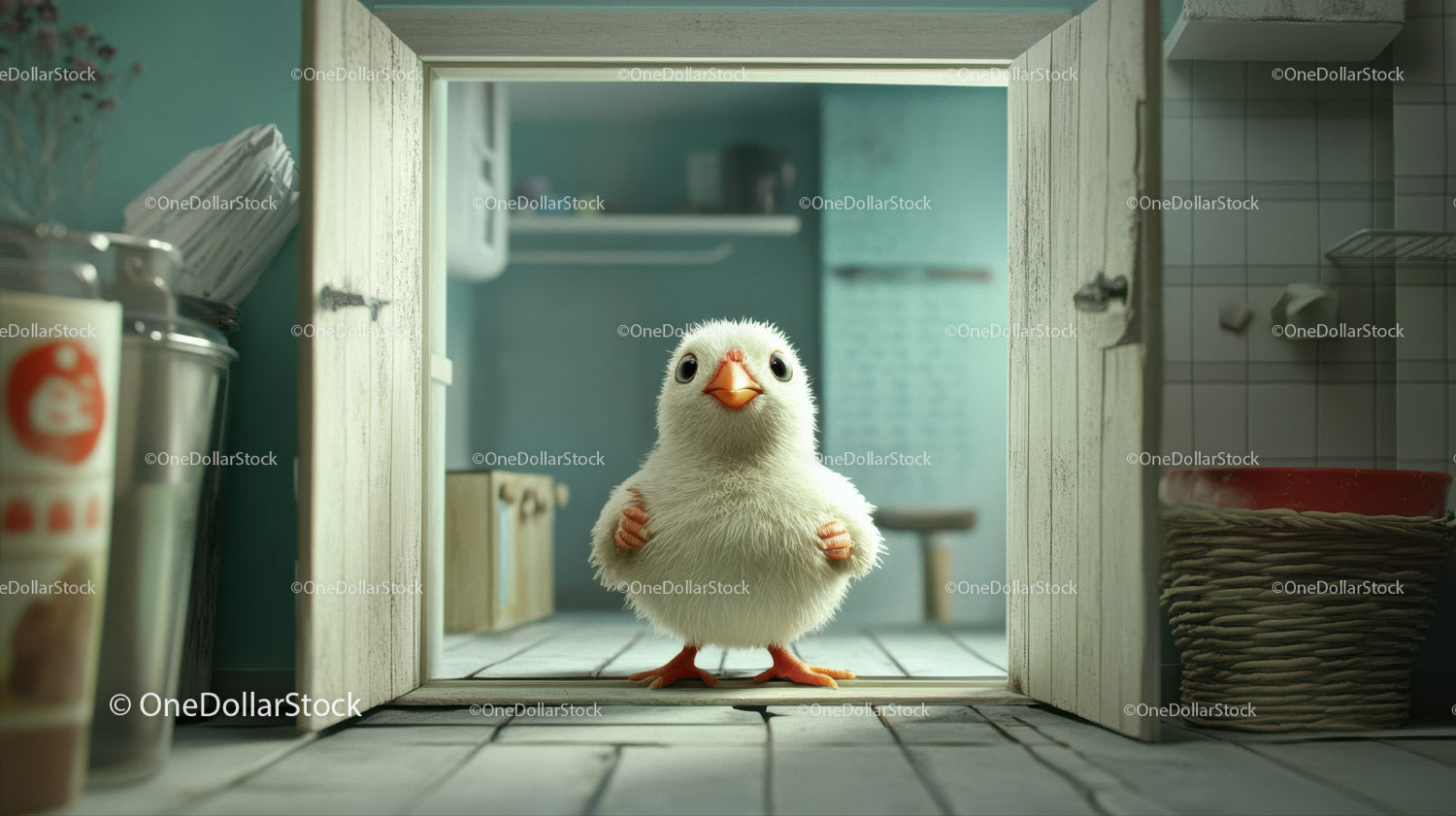 Cute Baby Duckling Standing on Floor in Cozy Kitchen Scene