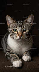 Alert tabby cat with green eyes resting on dark surface