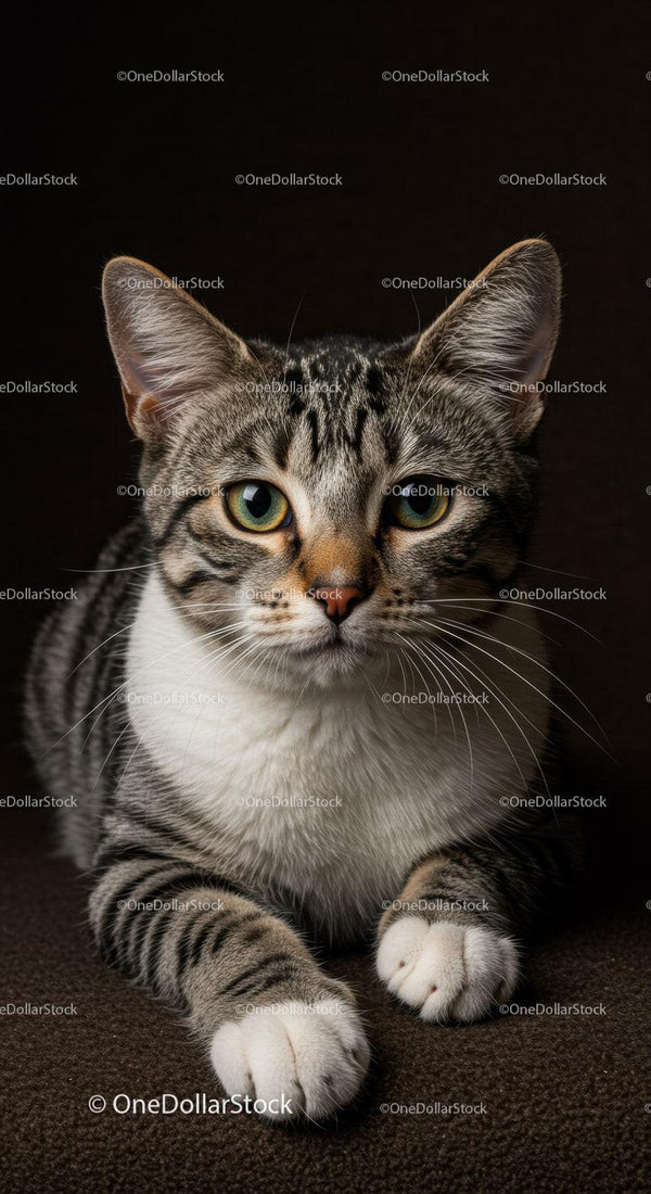 Alert tabby cat with green eyes resting on dark surface