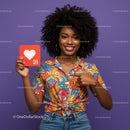 Vibrant Woman with Curly Hair Holding Heart Icon in Bright Casual Outfit