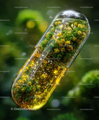 Herbal Capsule Filled with Green Moss and Yellow Flowers