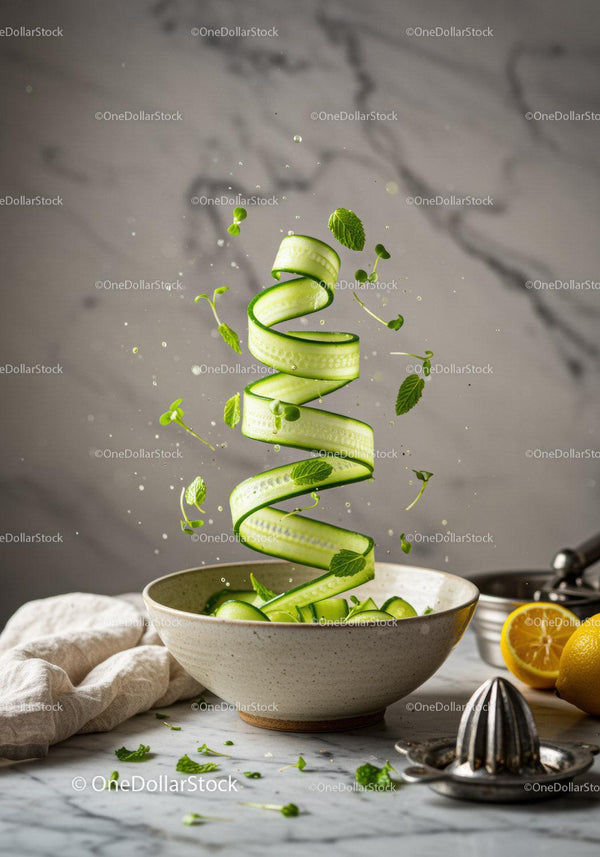 Fresh cucumber ribbons spiraling over a ceramic bowl