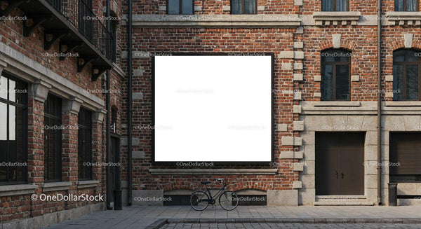 Empty White Billboard on Historic Brick Wall with Bicycle JPG Mockup Image