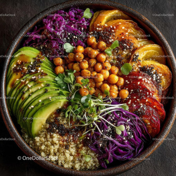 Colorful Vegan Bowl with Avocado, Roasted Sweet Potatoes and Microgreens
