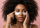 Young woman applying under-eye patches with curly afro hairstyle