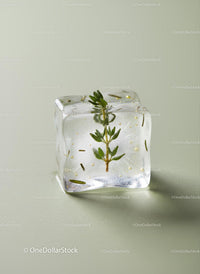 Ice Cube with Fresh Herb Inside on Light Background