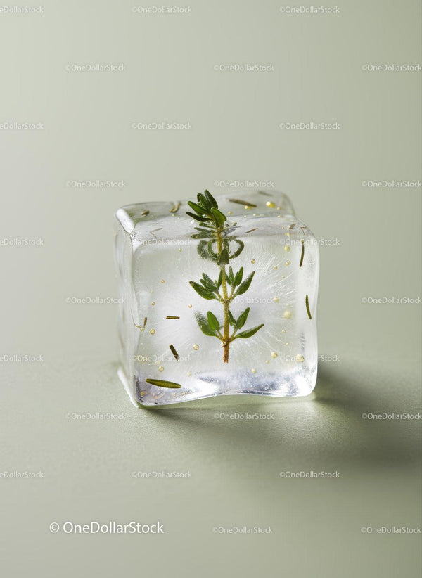Ice Cube with Fresh Herb Inside on Light Background