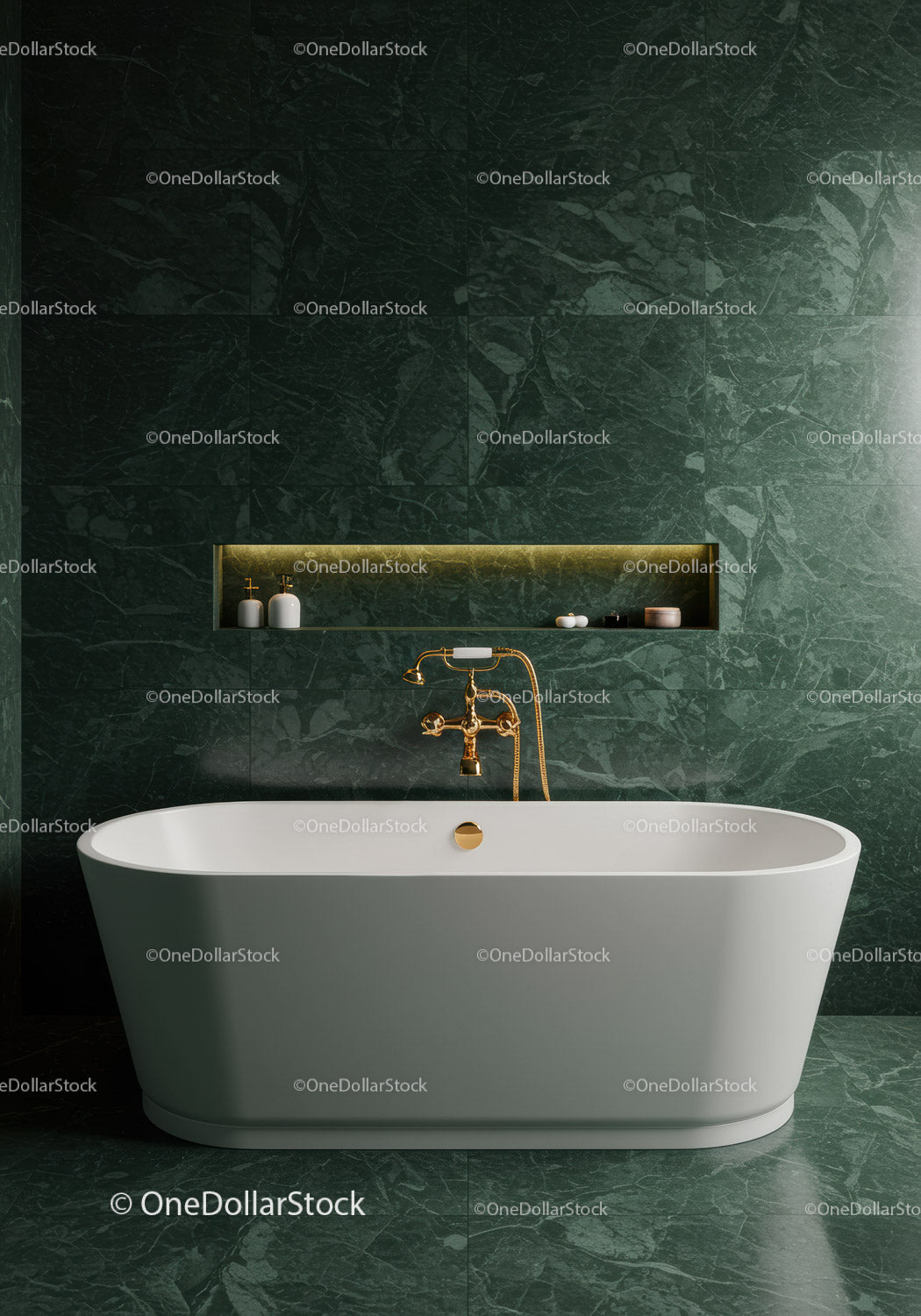Elegant Green Marble Bathroom with Freestanding Bathtub and Gold Fixtures