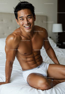 Smiling muscular man relaxing on bed in underwear