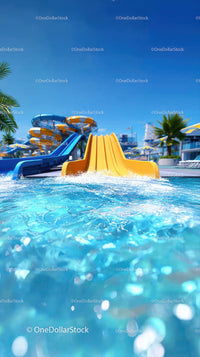 Colorful Water Park Slides with Bright Blue and Orange in Sunny Outdoor Pool