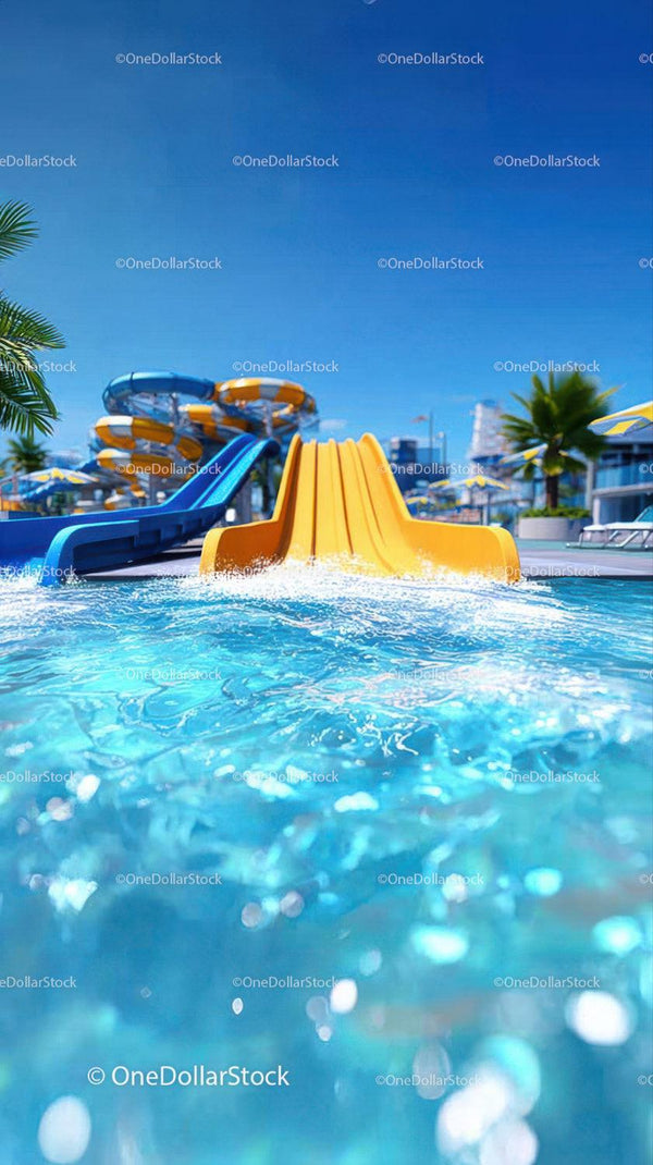Colorful Water Park Slides with Bright Blue and Orange in Sunny Outdoor Pool