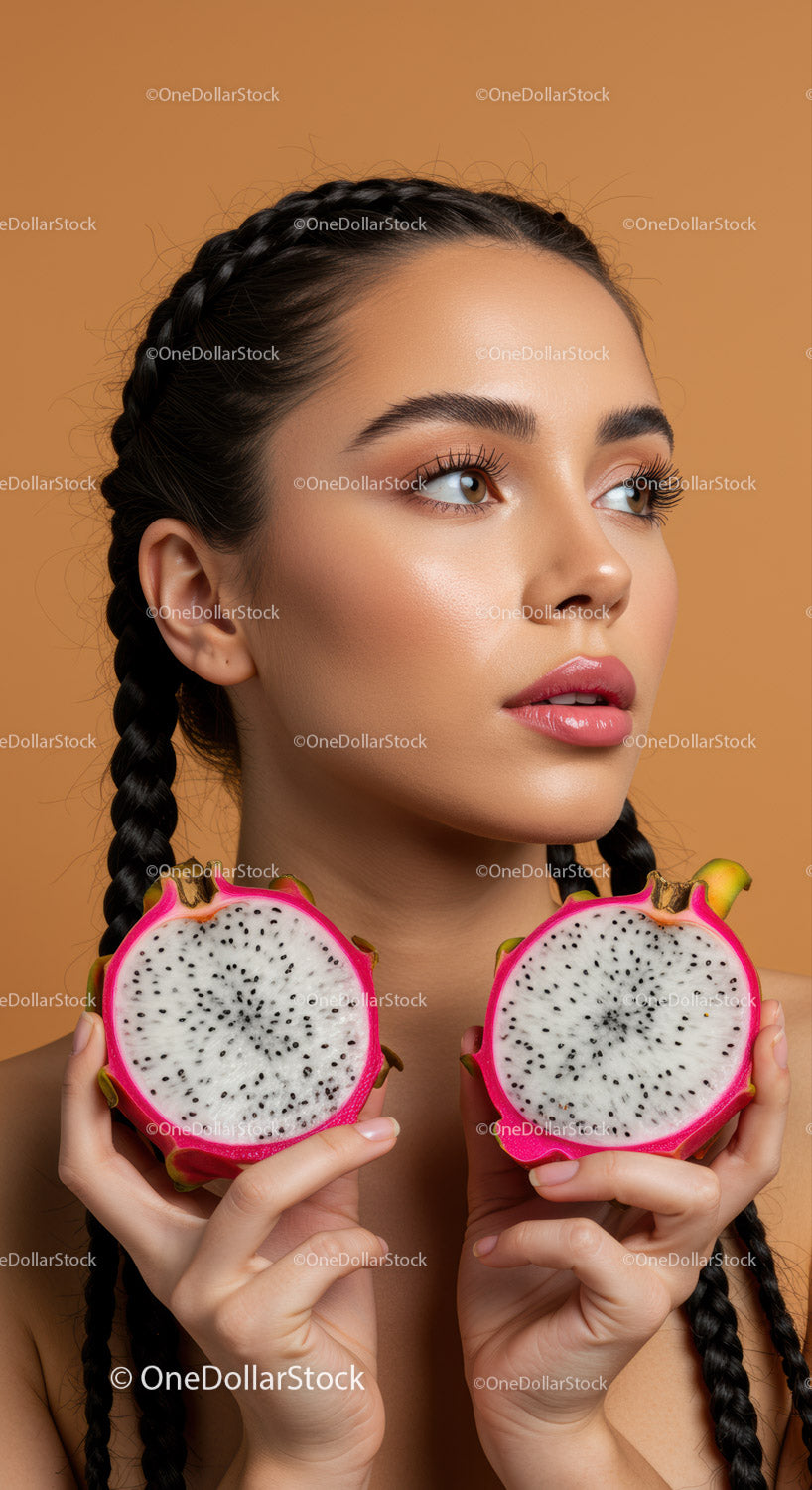 Portrait of a Woman with Braided Hair Holding Fresh Dragon Fruits