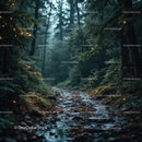 Mysterious forest path illuminated by glowing fireflies