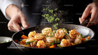 Scallops with Fresh Herbs and Vegetables in a Cast Iron Skillet