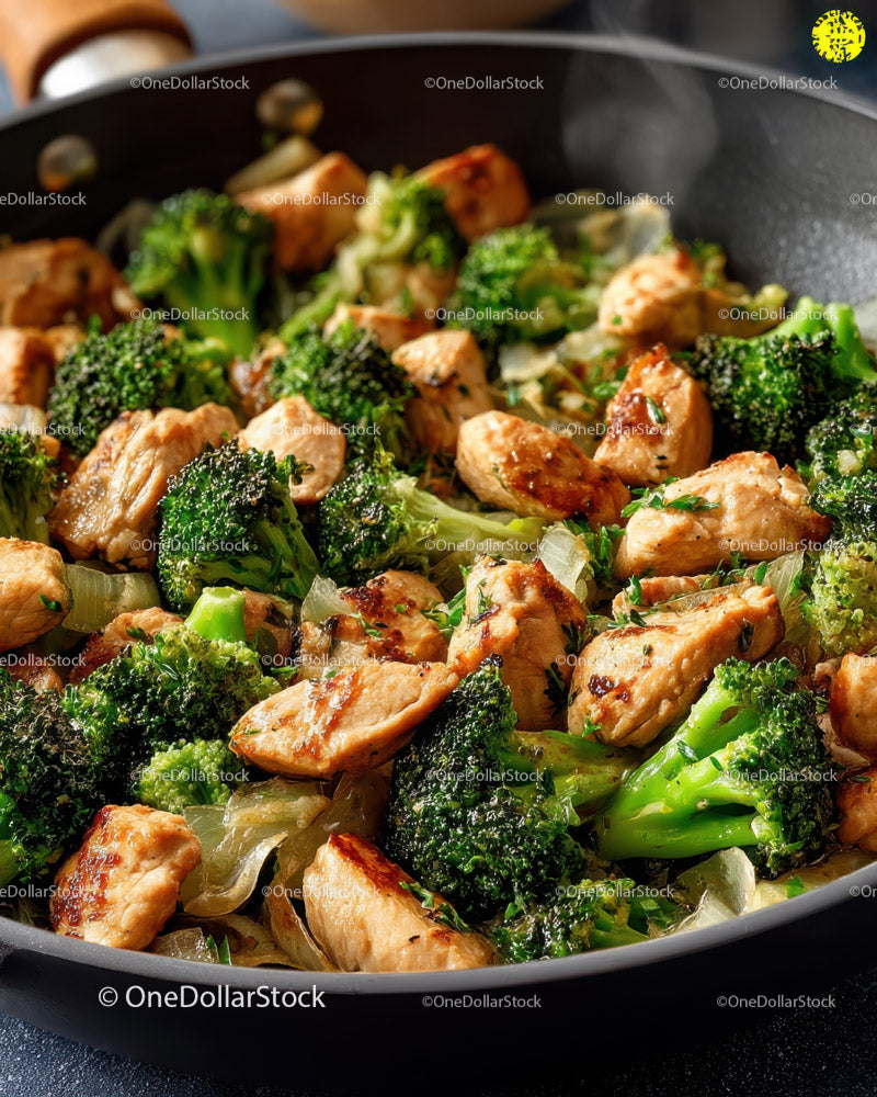 Chicken and Broccoli Stir-Fry with Fresh Vegetables in a Skillet