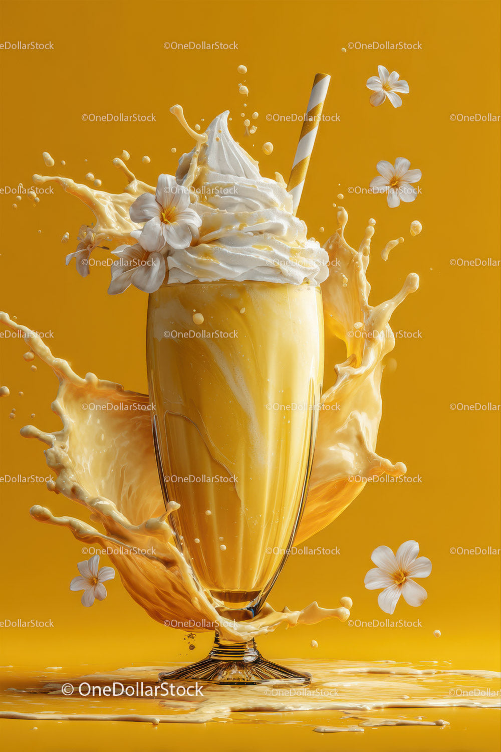 Delicious Vanilla Milkshake with Splash and White Flowers