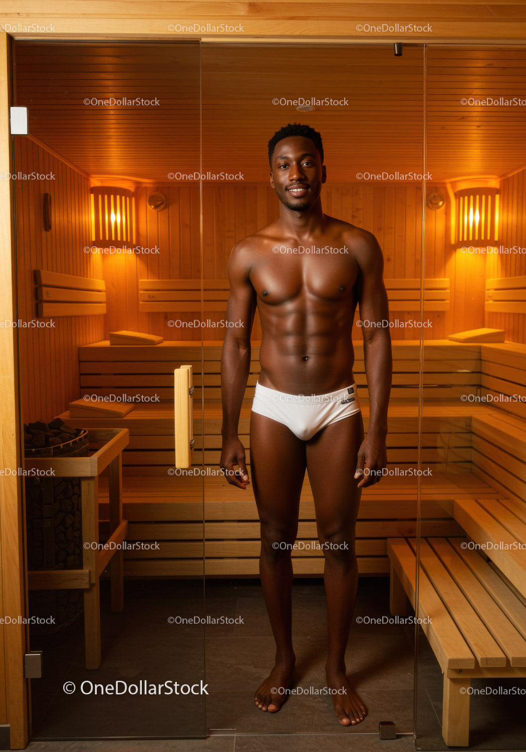 Young Male in White Underwear in Sauna Room with Wooden Interior