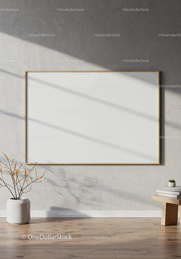 Minimalist interior with blank wall frame and natural decor JPG Mockup Image