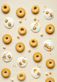 Assorted cookies and yogurt dollops on beige surface