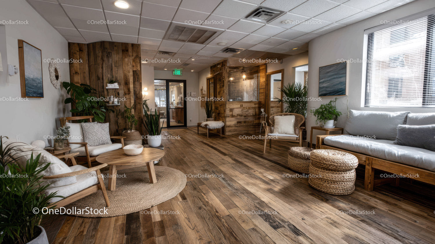 Cozy Modern Lounge with Wooden Furniture and Indoor Plants