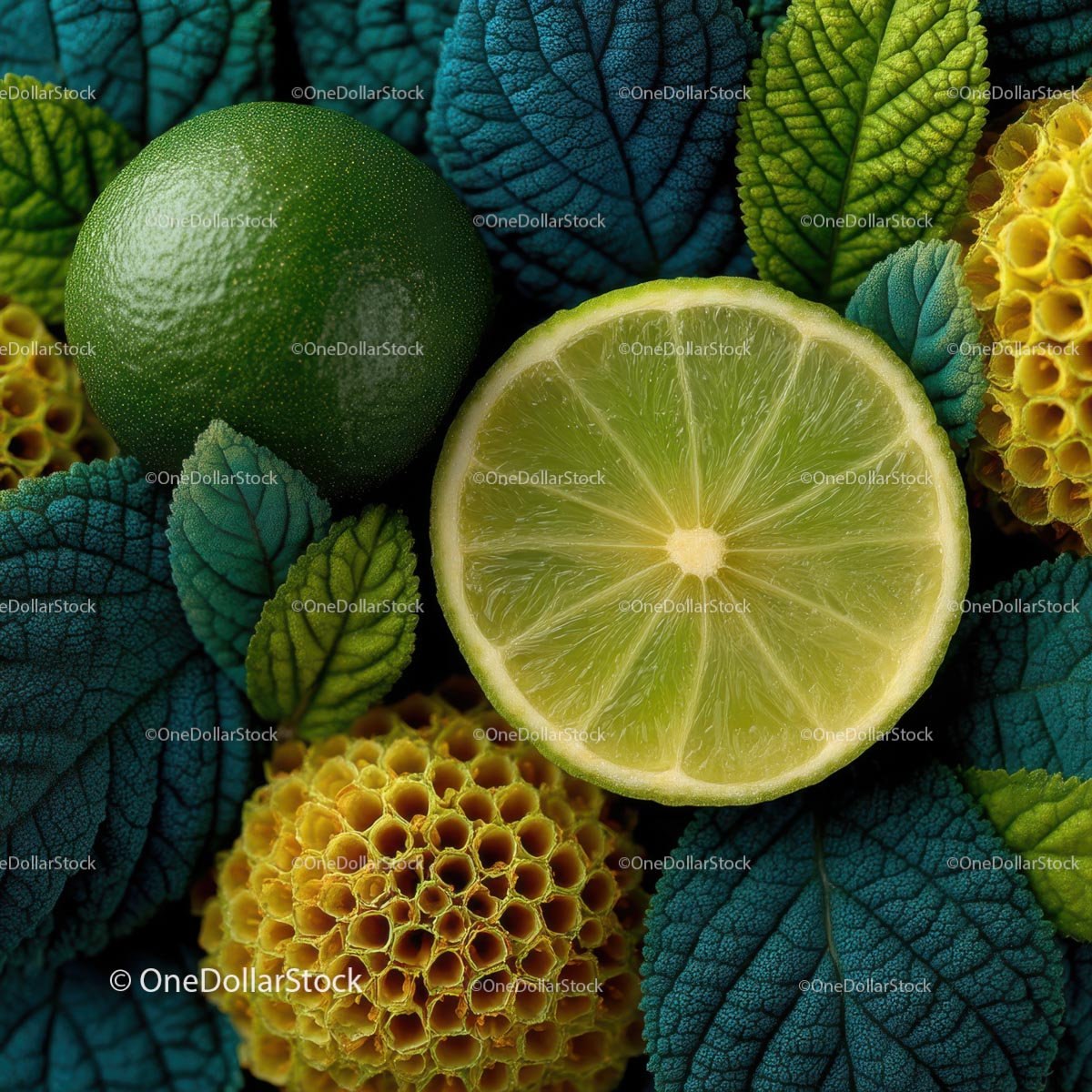 Fresh Green Lime and Botanical Elements on Vibrant Textured Background