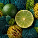 Fresh Green Lime and Botanical Elements on Vibrant Textured Background