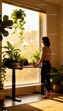 Woman enjoying morning light by lush indoor plants
