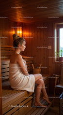 Relaxing Woman Sitting in Sauna with Wooden Interior and Natural Light