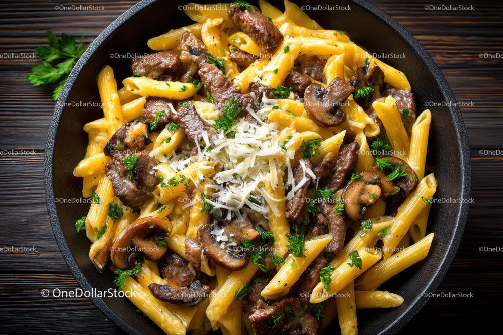 Beef Stroganoff with Mushrooms and Fettuccine on Wooden Table