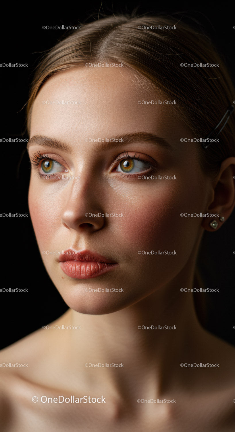 Young Woman with Hazel Eyes and Flawless Skin in Studio Portrait