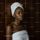 Elegant Woman in Towel Wrap Relaxing at Spa with Wooden Background