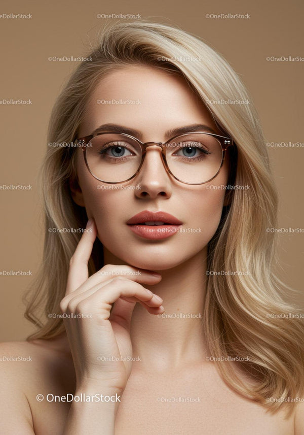 Elegancka blondynka w okularach z niebieskimi oczami i naturalnym makijażem