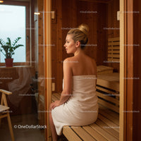 Relaxing Woman Sitting in Sauna with Wooden Interior and Towels