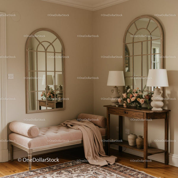 Elegant vintage corner with soft velvet bench and flowers